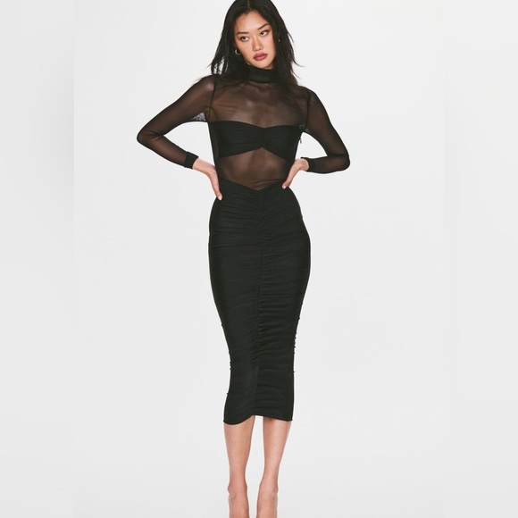 New! SER.O.YA Levina Sheer Ruched Midi Dress Mock Neck Long Sleeve 🖤 XS NWT! - Picture 2 of 14